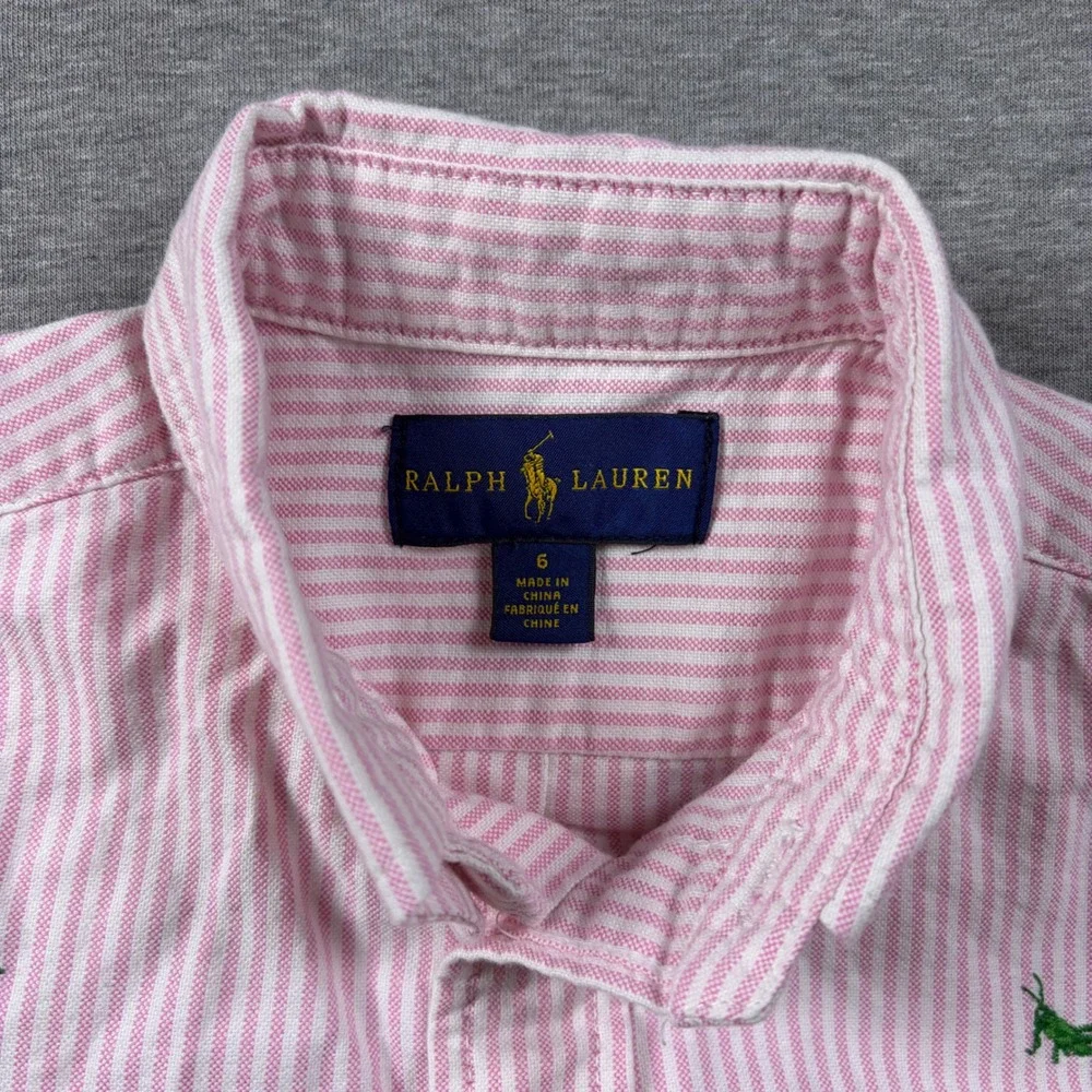 Ralph Lauren Shirt Boys 6 Pink Stripe Grasshopper Embroidered Button Down